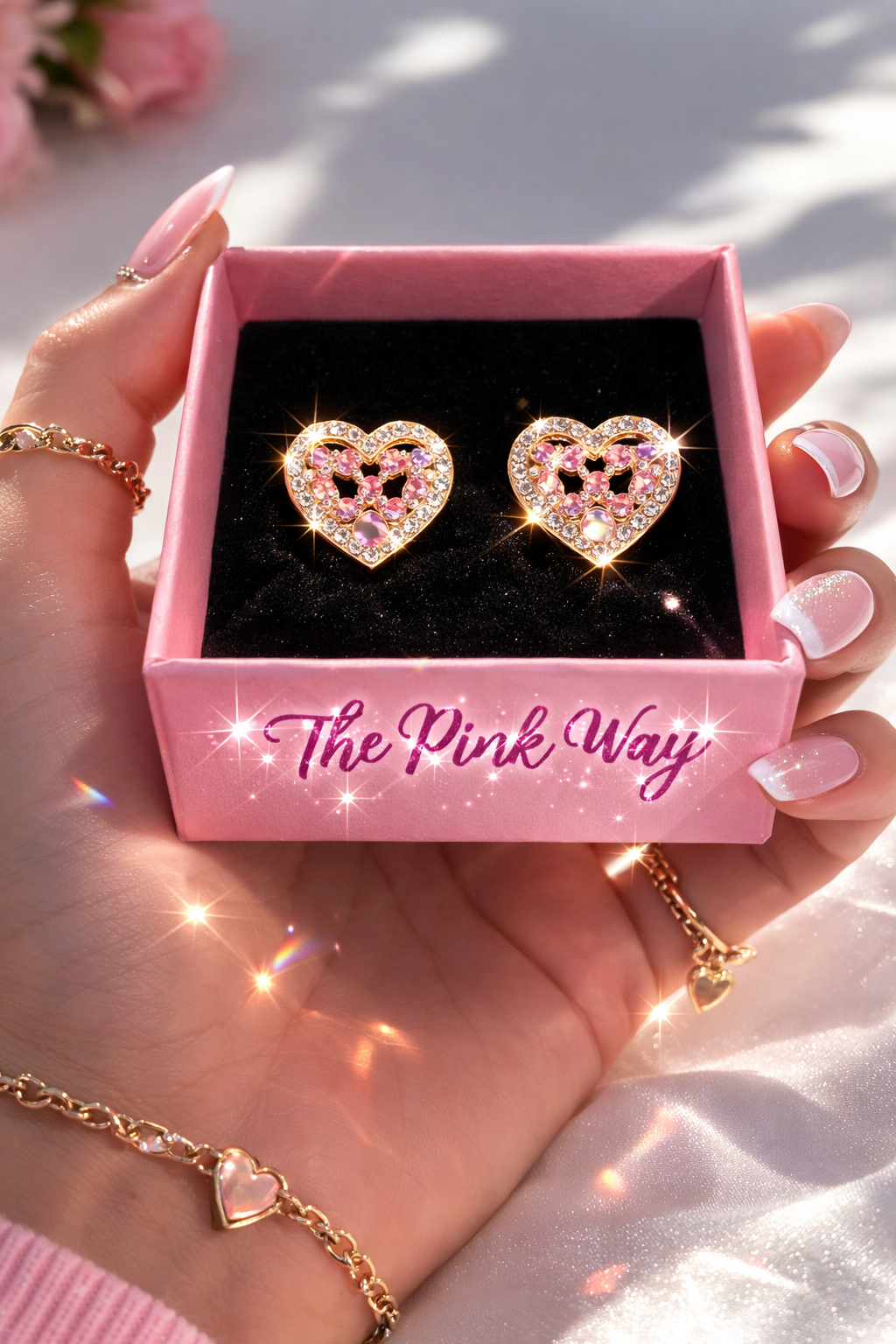 Pink Crystal Heart Diamanté Studs