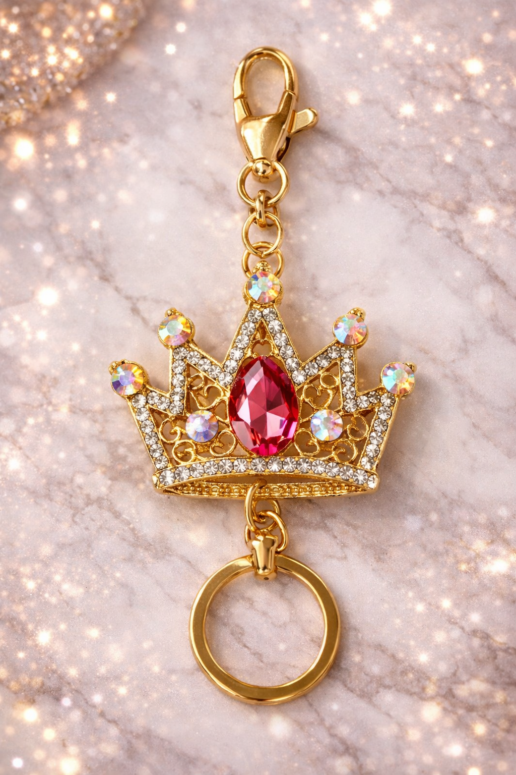 Pink, Gold & Diamanté Crown Key Chain