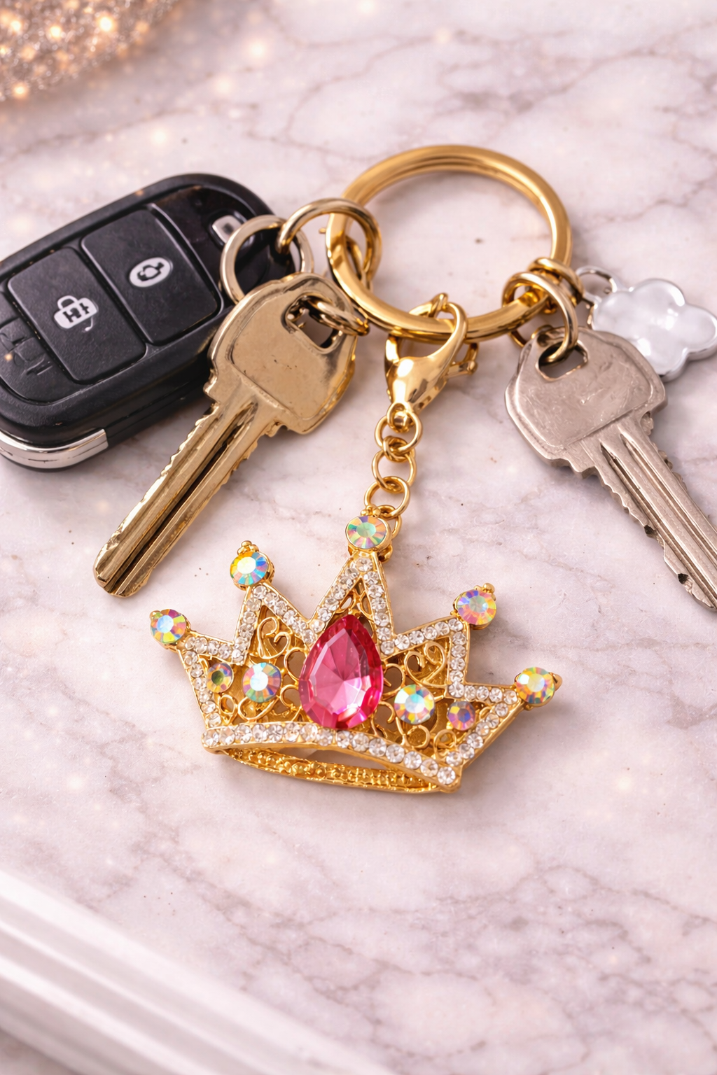 Pink, Gold & Diamanté Crown Key Chain