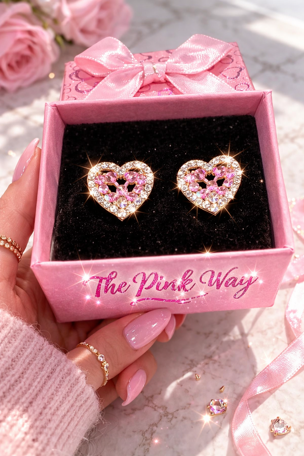 Pink Crystal Heart Diamanté Studs