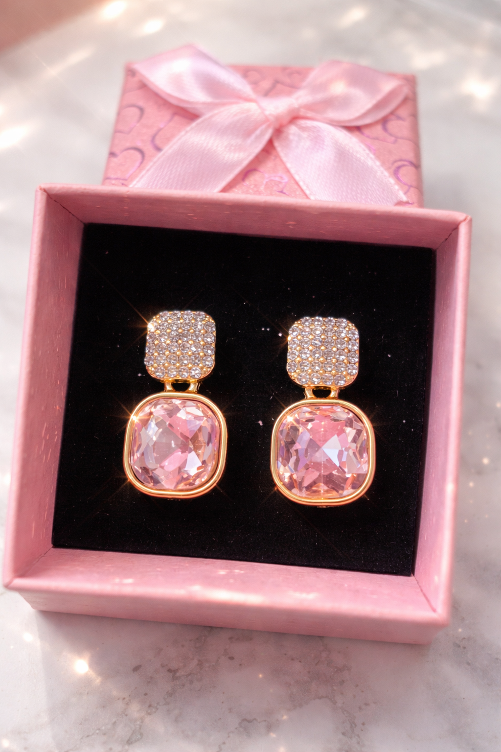 Pink Diamanté Square Earrings