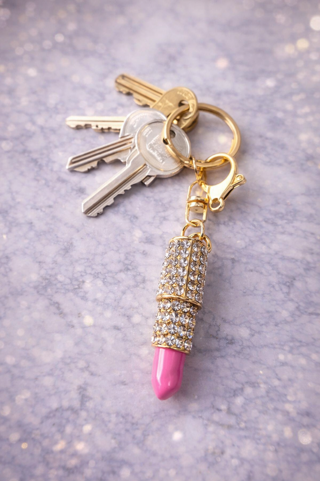 Light Pink Rhinestone Encrusted Lipstick Key Chain