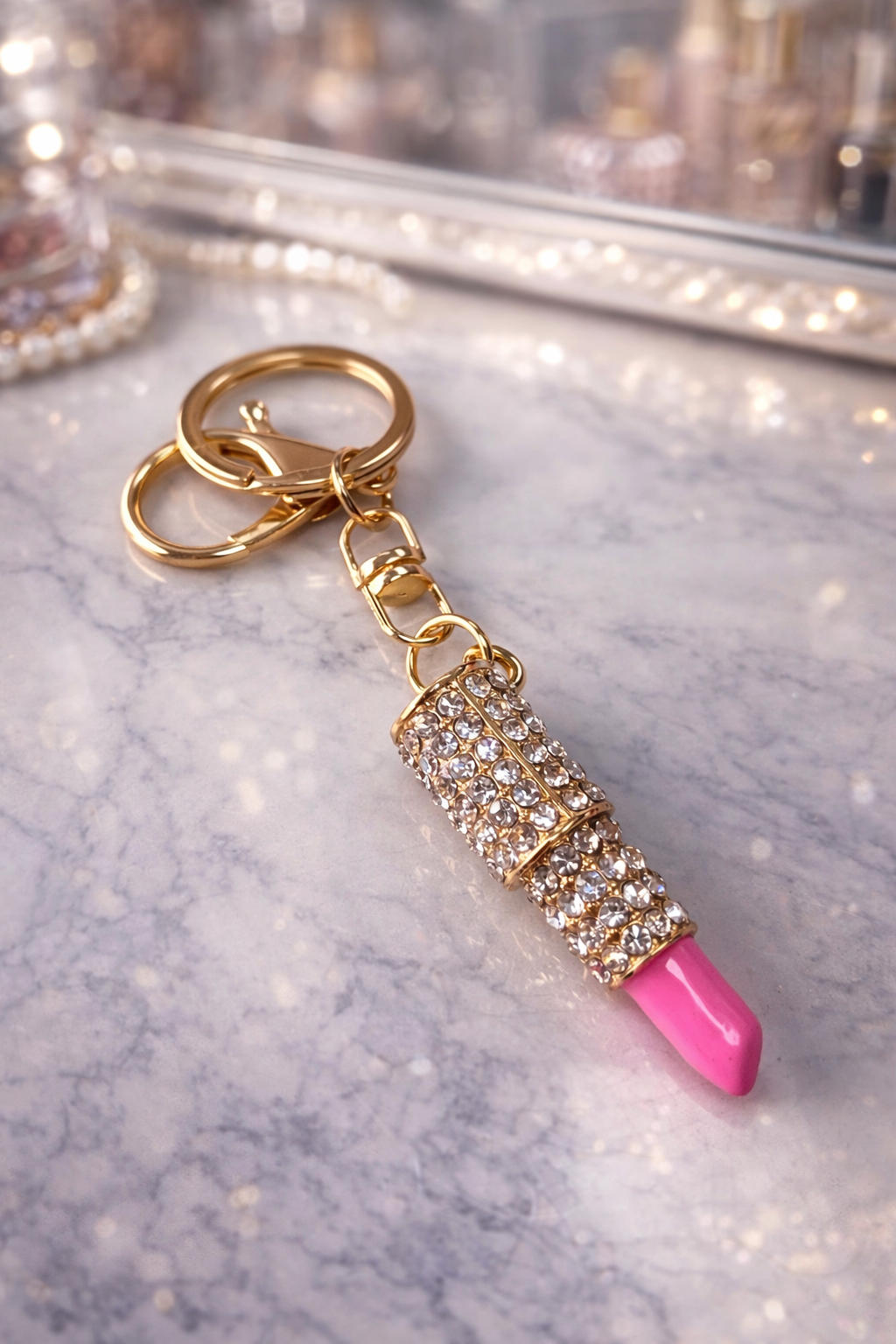 Light Pink Rhinestone Encrusted Lipstick Key Chain