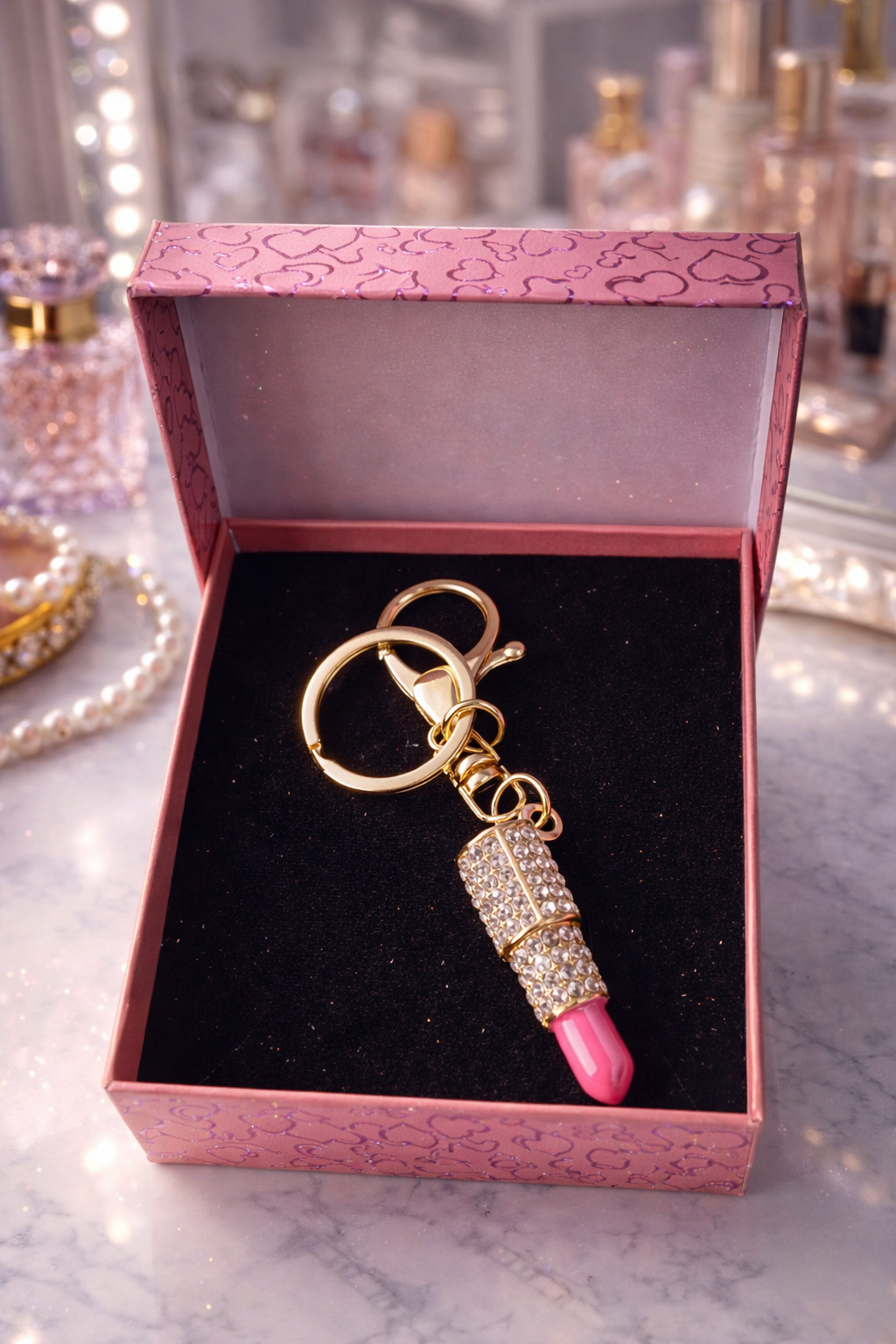 Light Pink Rhinestone Encrusted Lipstick Key Chain